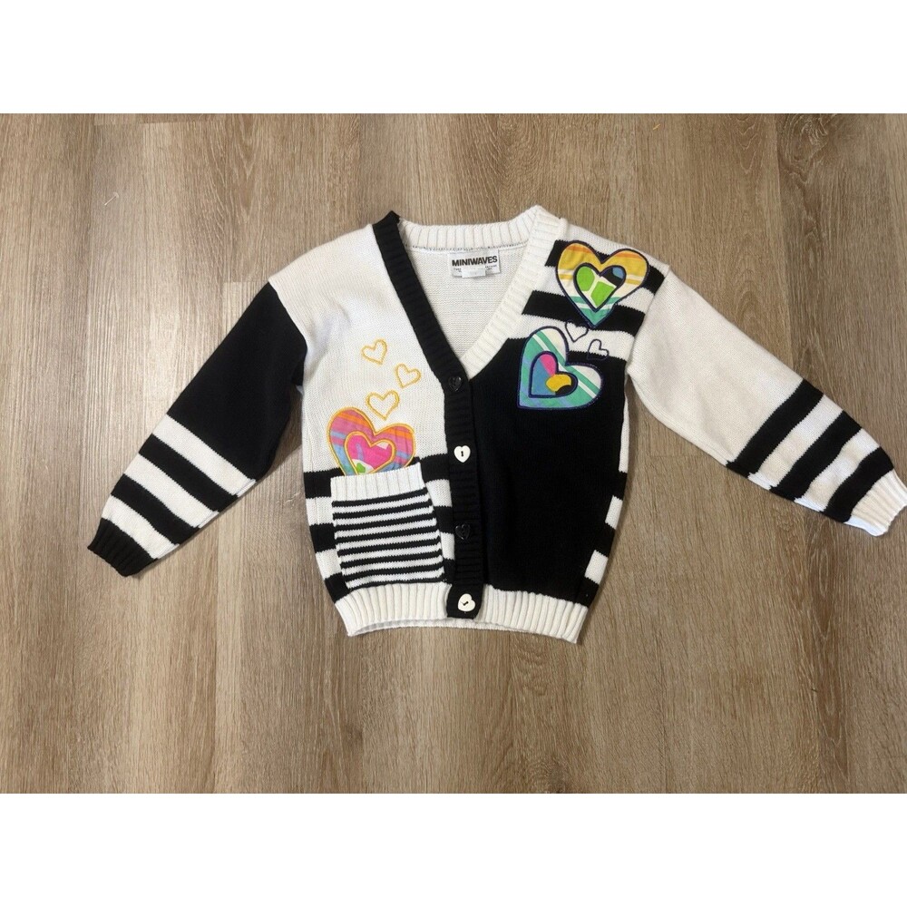 Y2K Miniwaves Black White Striped Colorful Hearts Button Cardigan No Size Girls
